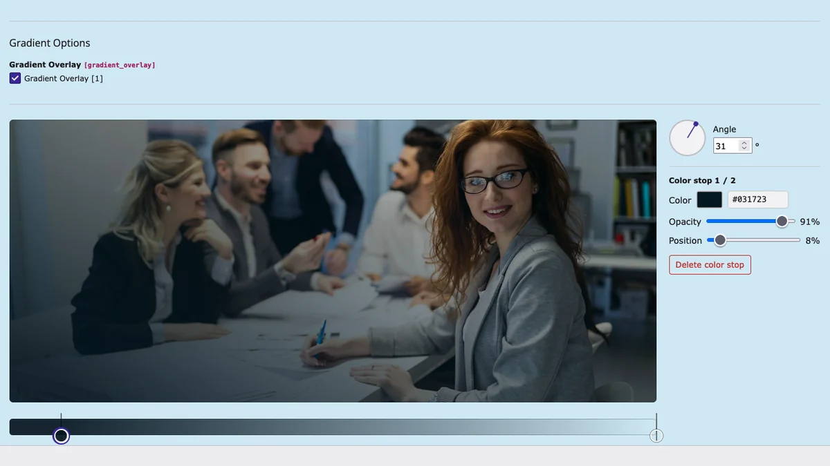 The gradient overlay editor in the TYPO3 backend, with angle, colour stops and a live preview of the hero image