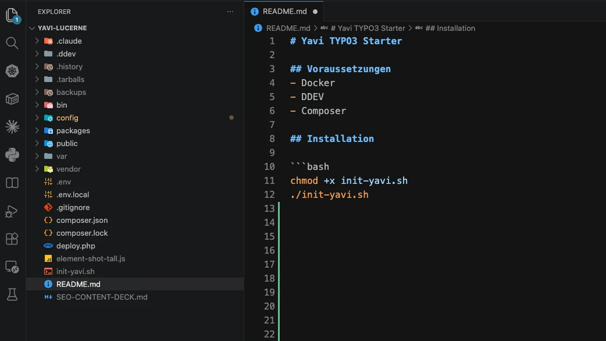 The Yavi starter project open in an editor, the README showing the two commands that run the installer