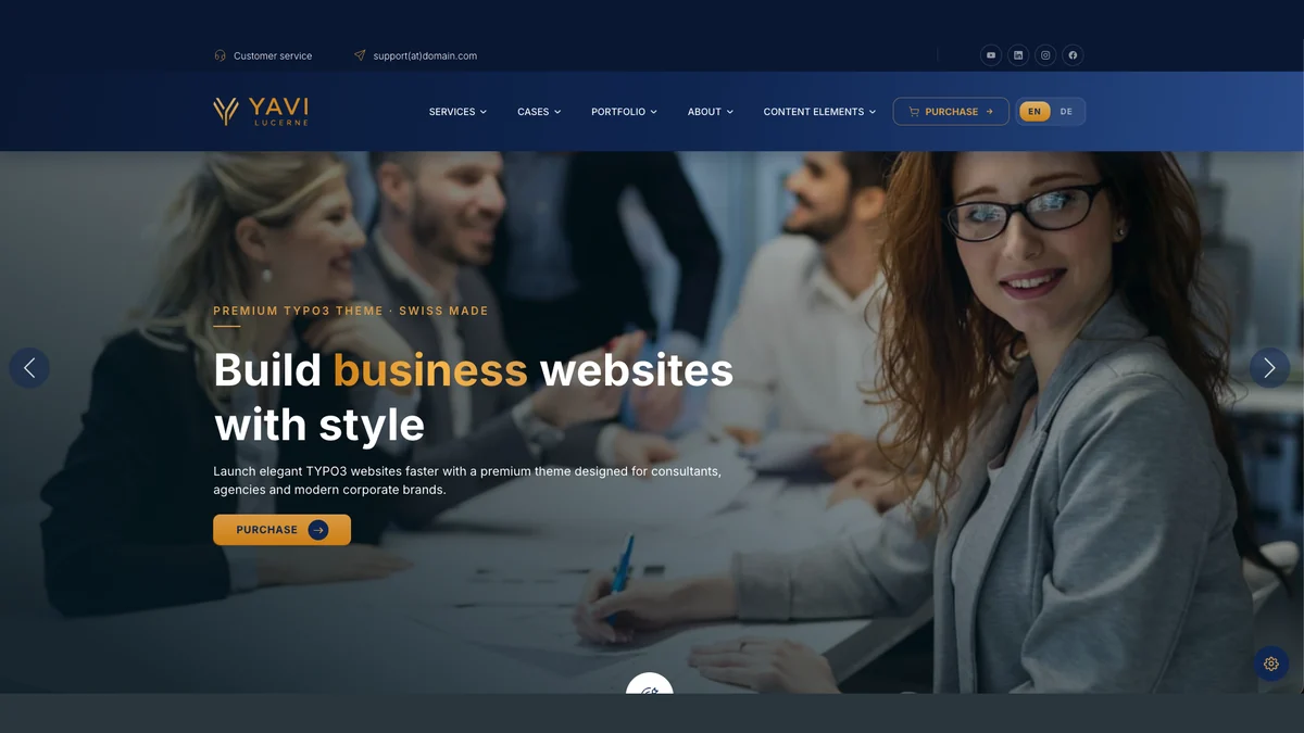 The Yavi Lucerne demo site, hero section with the headline “Build business websites”